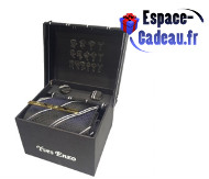 Coffret cravate noir motifs lignes blanc avec bouton de manchett